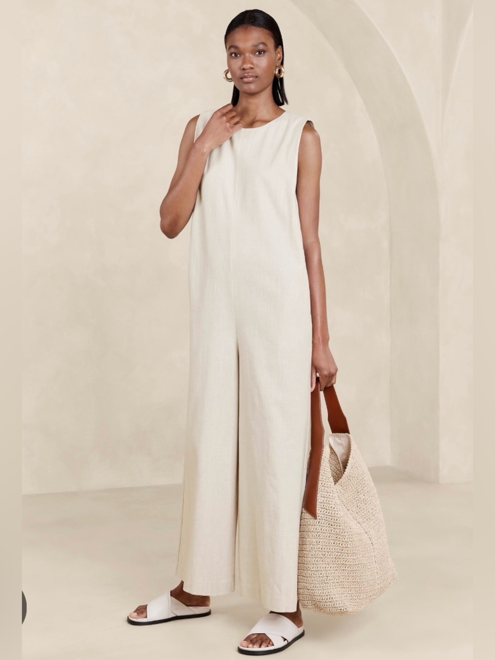 Banana Republic Pinnacles Cotton-Linen Blend Cream Sleeveless Wide-Leg Jumpsuit